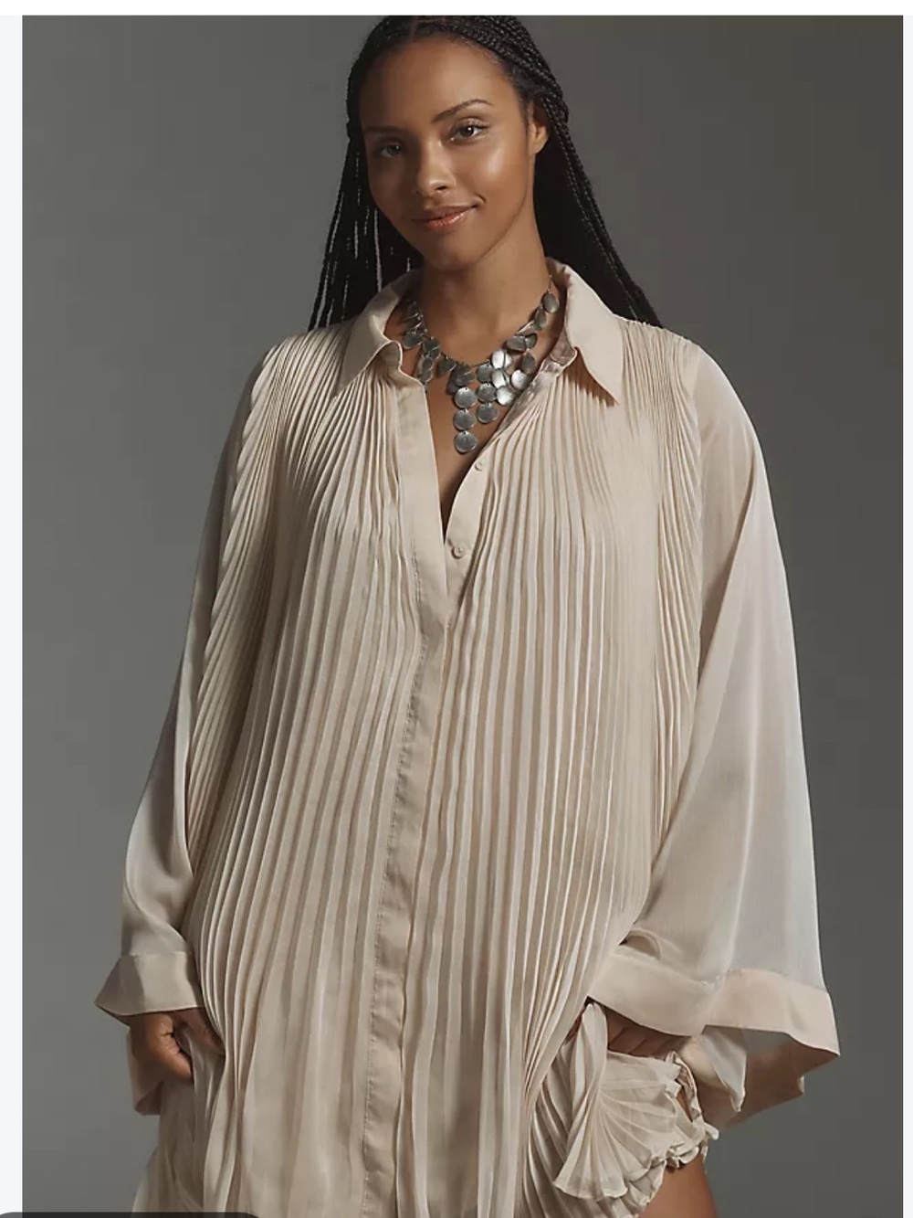 Maeve for Anthropologie Pleated Mini Shirt Dress  - Cream - large - Picture 3 of 8